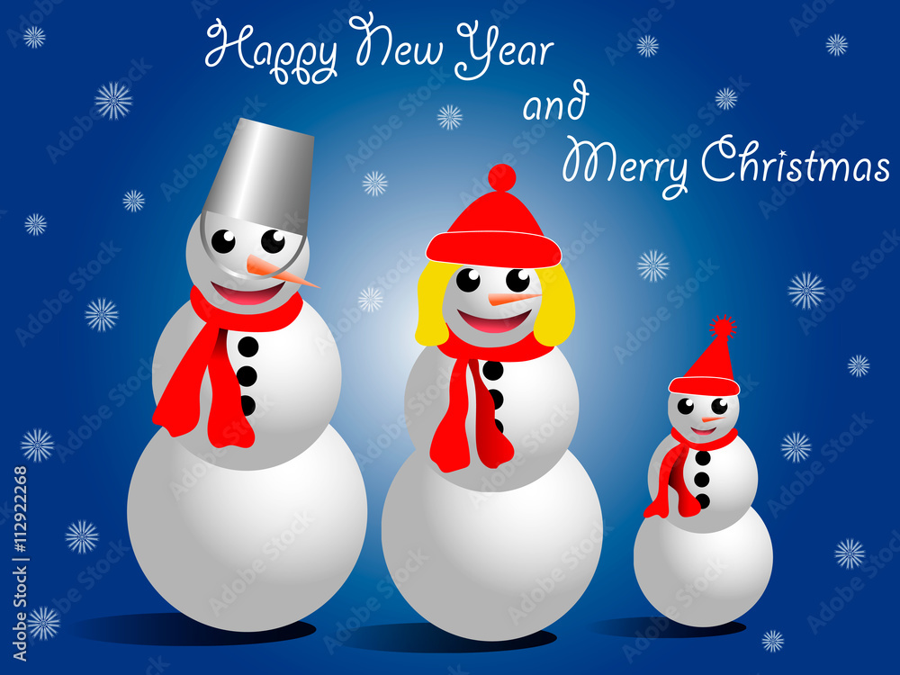 Christmas greeting card. Snowman with his family.