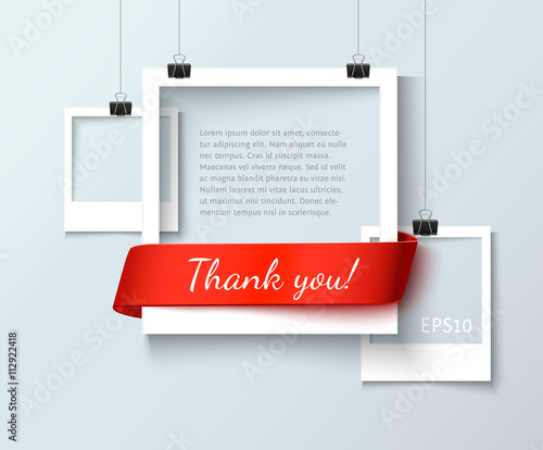 Paper photo frames composition. Vector photo frame template with red ribbon ant text Thank You for web sites and presentation. Photo frames illustration. Art gallary template with photo frame