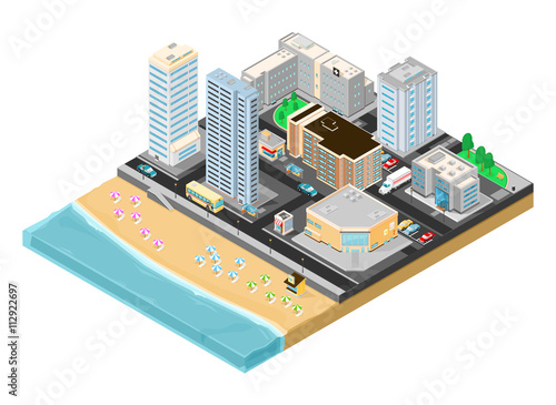 Isometric vector illustration city break vacation.
Large city beside the ocean.