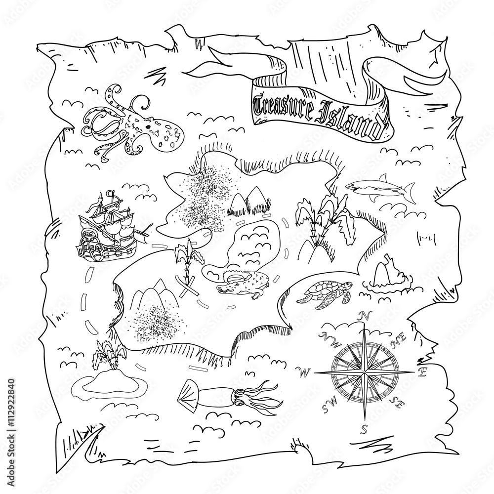 Treasure Island  map kids coloring page

