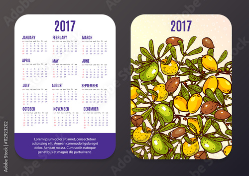 Pocket calendar with eco-products, fruits and branches Argan.