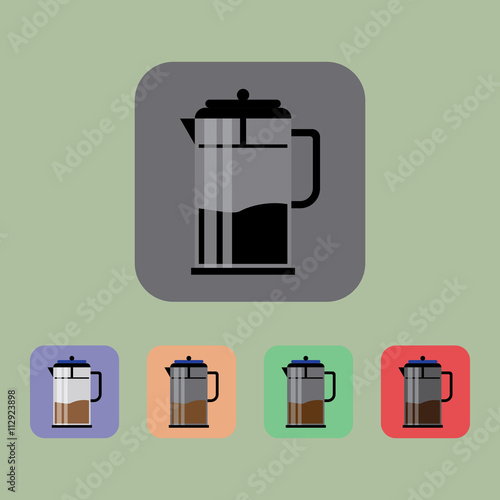 A jug of coffee set, over a light green background. Purple, orange, black and red. Digital vector image