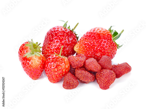 fresh strawberry and dried strawberry isolated on white backgrou