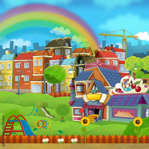 Cartoon scene of a street - small town - stage for different usage - illustration for children © honeyflavour