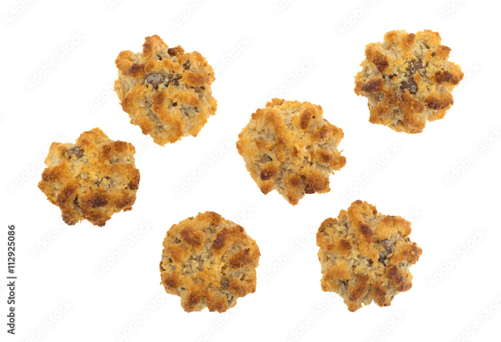 Five chocolate chip macaroons isolated on a white background Five chocolate chip macaroons isolated on a white background