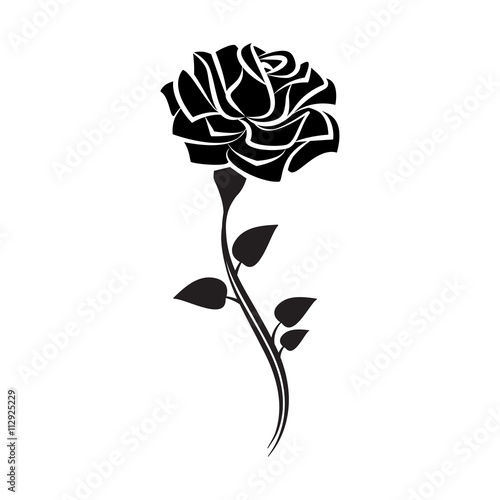 Black silhouette of rose with leaves. Tattoo style rose. Vector
