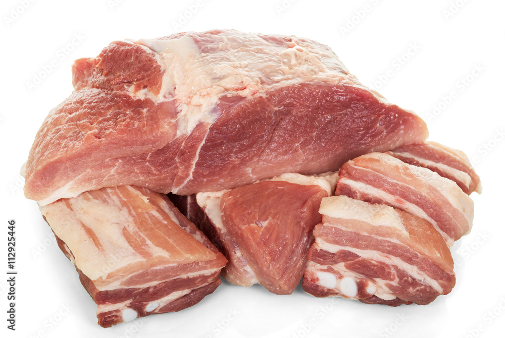 Pieces raw pork, brisket and flesh is isolated on white.