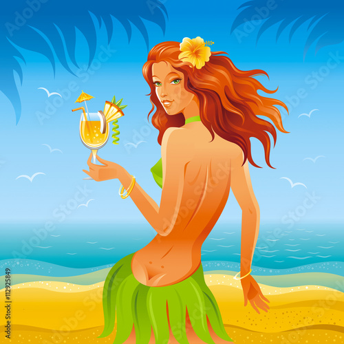 Day beach background with beautiful hula girl and tropical cocktail