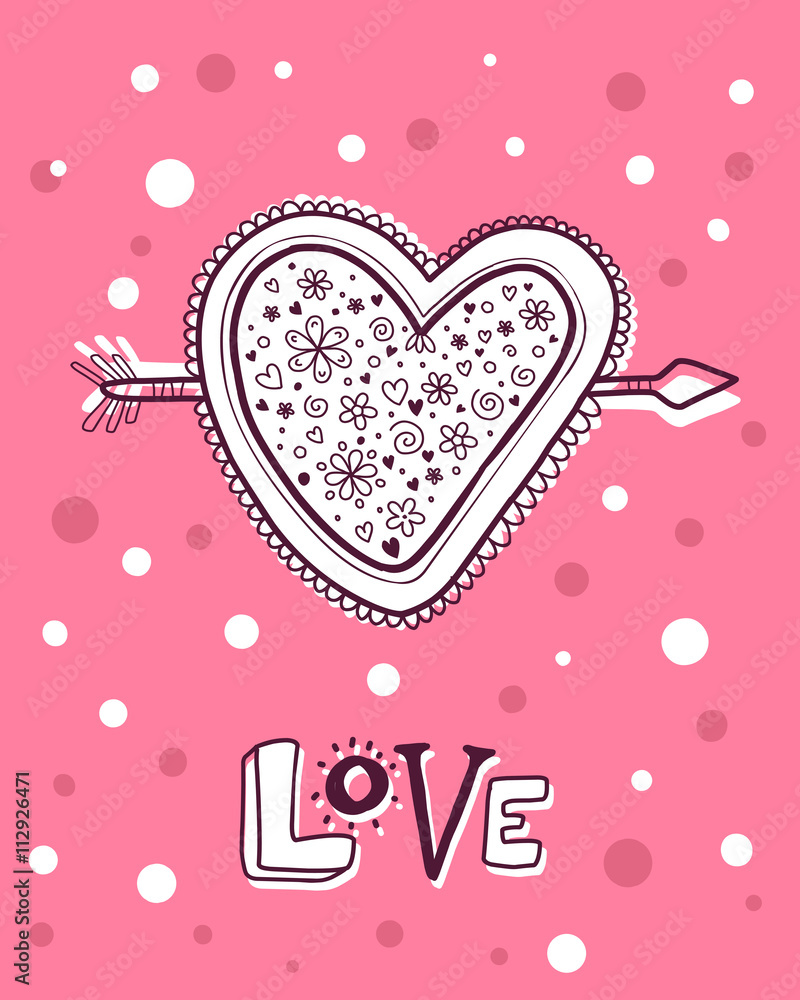 Vector illustration of heart with flowers heart pierced by an ar