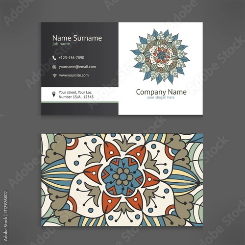 Business and visiting card template set with vintage floral mandala logo