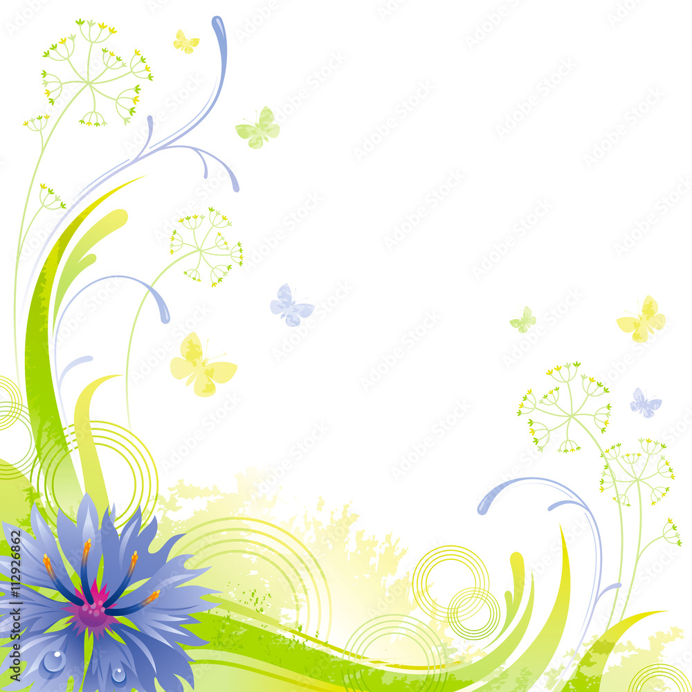 Floral summer background with blue cornflower flower, leafs, grass and grunge elements, copy space for your text