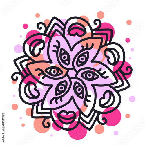 Vector illustration of monochrome round mandala with red and pur