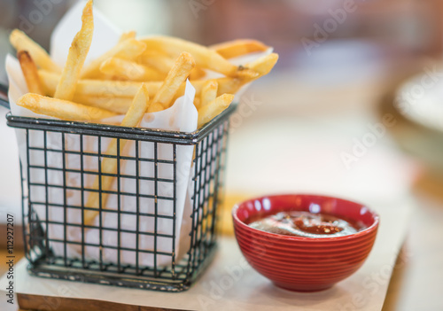 French fries on wood table