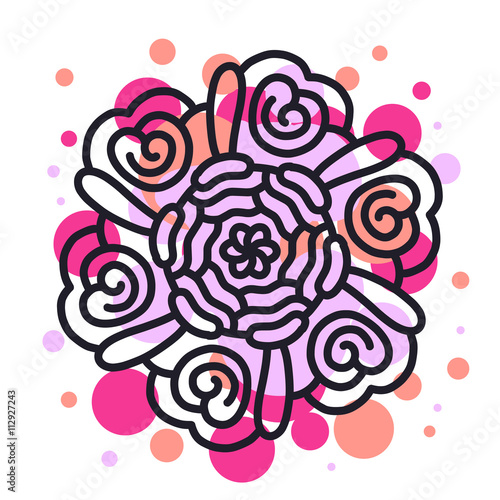 Vector illustration of monochrome round mandala with red and pur