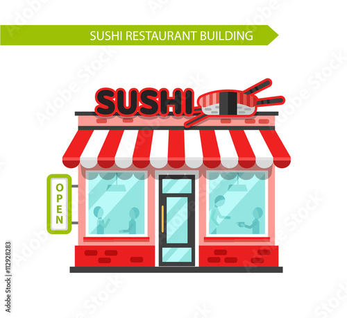 Vector illustration of sushi bar or chinese restaurant building facade. Signboard with big sushi roll, chopsticks. Flat style vector illustration. Isolated on white background.
