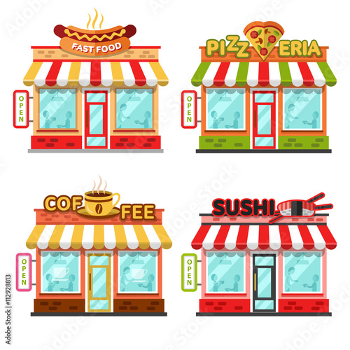 Set of different nice fast food shops with beautiful signboards: coffee shop or cafe, sushi bar or chinese, pizzeria, fast food. Flat vector illustration stock set. Infographic elements.
