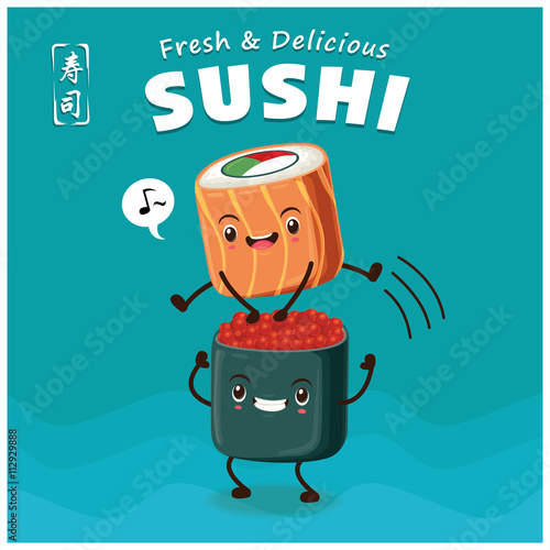 Vintage Sushi poster design with vector sushi character. Chinese word means sushi.