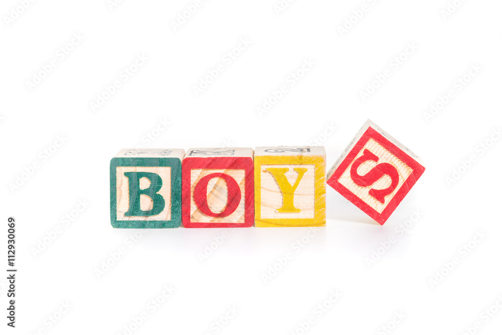 BOYS with colorful alphabet blocks on white background BOYS with colorful alphabet blocks on white background