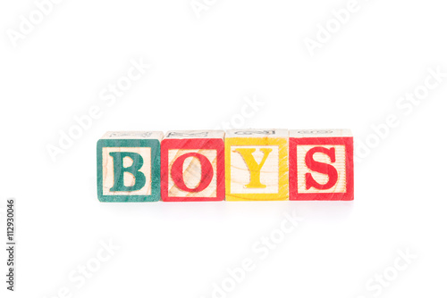 BOYS with colorful alphabet blocks on white background