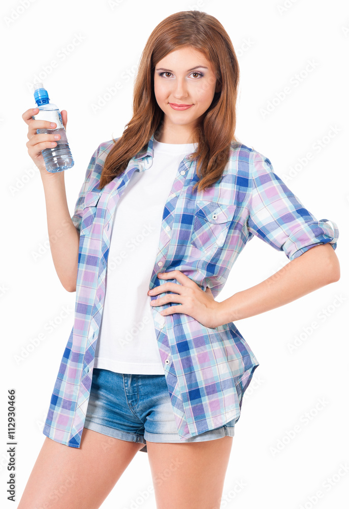 Happy beautiful girl with bottle of water on white background Happy beautiful girl with bottle of water on white background