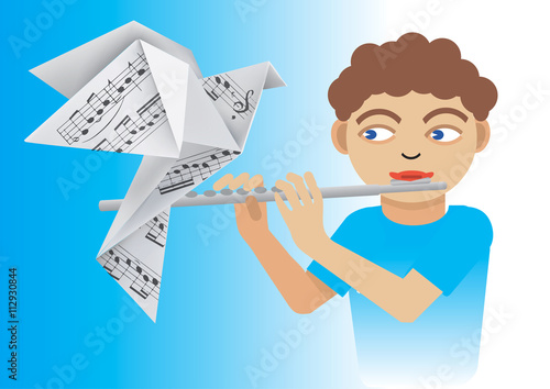 Boy with flute and origami dove.
Boy playing the flute and origami pigeon with notes. Vector available.
