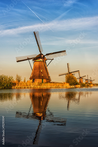 Windmills at Kinderdijk, colorful picturesque landscape, Netherland, vertical