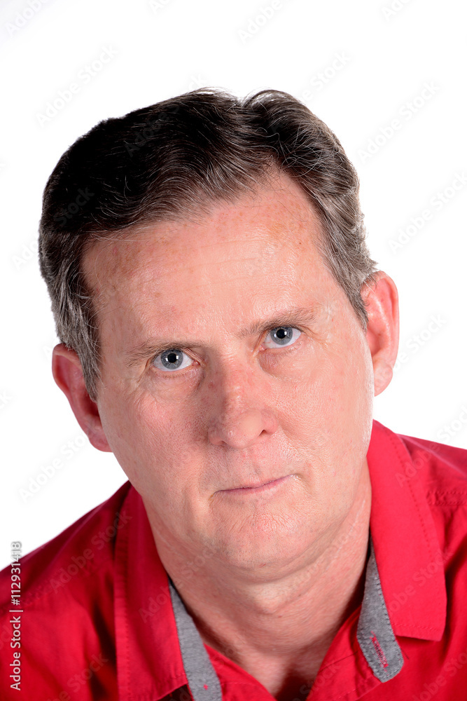 Caucasian middle aged man in red shirt white background Caucasian middle aged man in red shirt white background