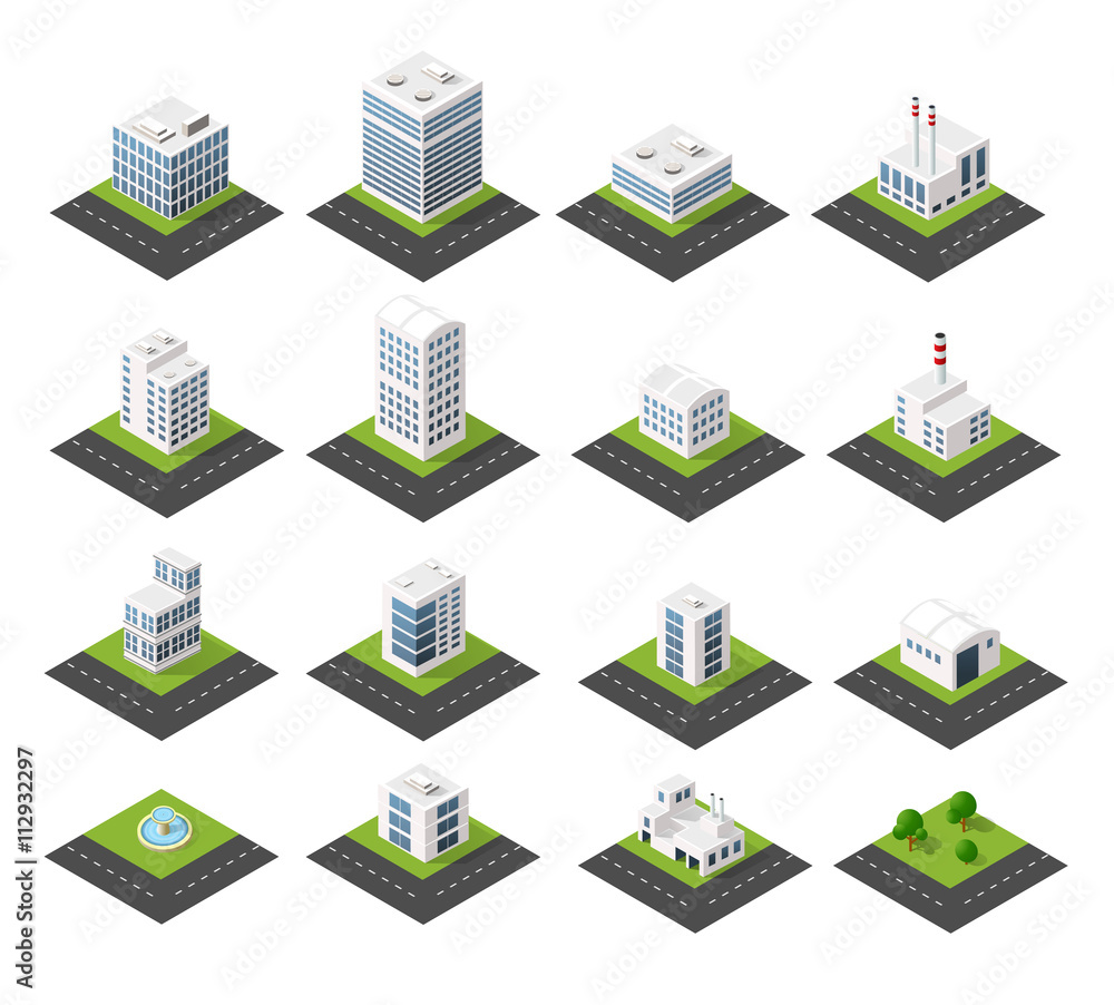 Urban isometric icons for the web with houses and streets