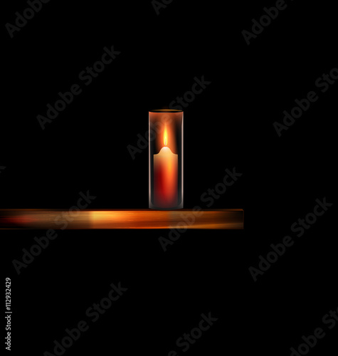 burning candle with wooden stand