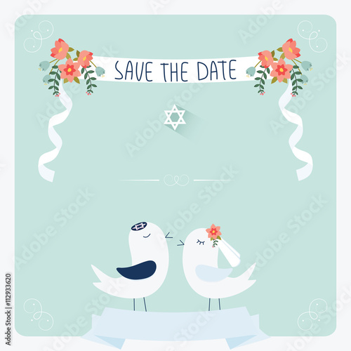 Jewish wedding invitation template. Cute couple of birds under chuppah.