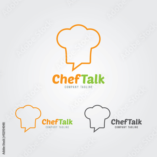 Chef Talk logo concept with chef hat icon. Logo for cooking,cafe communication and menu. Chef forum with chat speech bubble.
