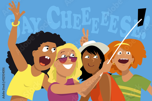 Four female friends taking a self-portrait with a smartphone attached to a selfie stick, EPS 8 vector cartoon, no transparencies