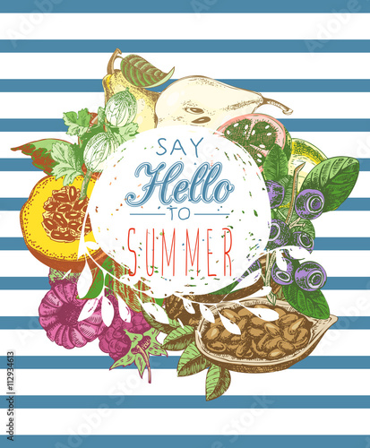 Vector summer fruits. Healthy lifestyle illustration for print, web. Circle design element