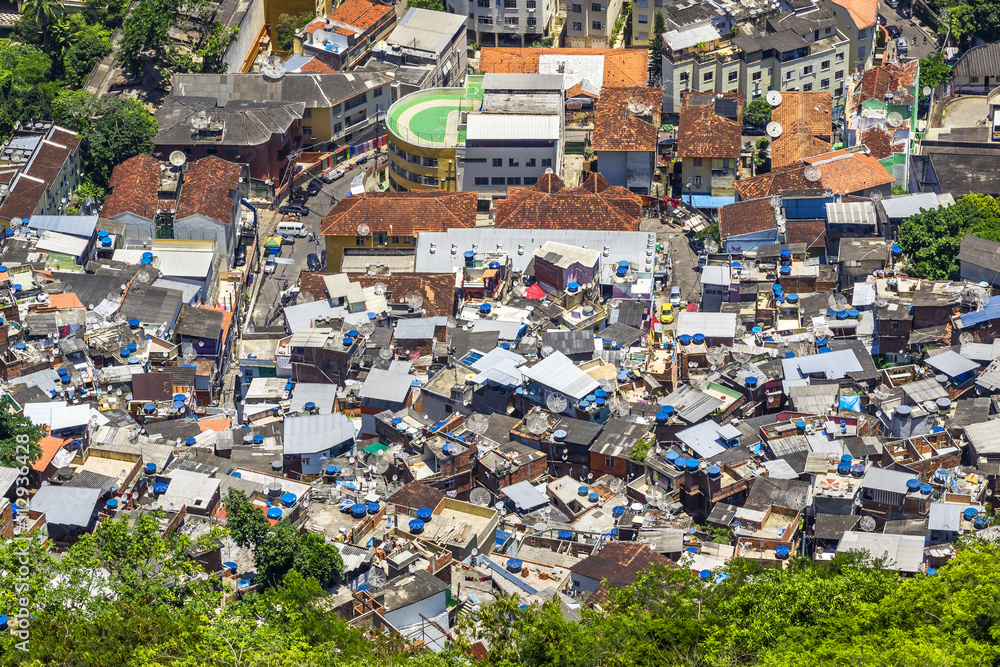 Aerial view of favela Santa Marta (Santa Marta slum) in Rio de Janeiro, Brazil.