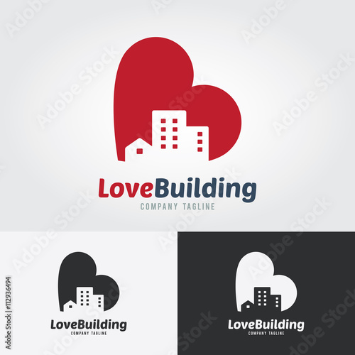 Love Building Logo Template. City with heart icon design concept. Logo for real estate. Business visual identity. Houses and skyscrapers icon.