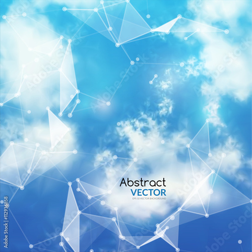 Vector Sky and Triangles Background. Futuristic Technology Background. Dots and Lines Connection. Clouds Background