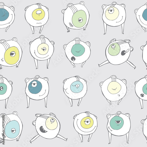 Vector cute illustration with lovely emotional monsters in seamless pattern. Grey background, pastel colors, various poses and emotions on face. Vector cute illustration, stylish, simple, hand drawn.