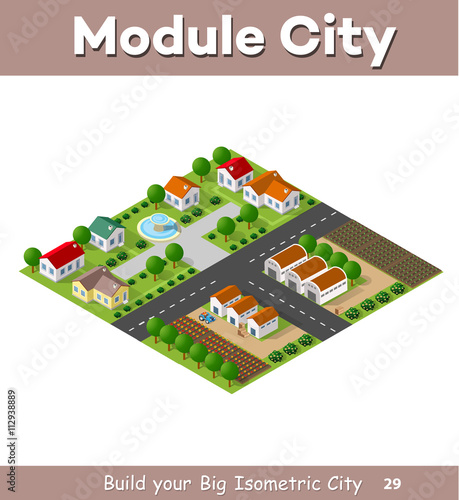 Country village of townhouses and rural houses with roads, streets, trees in an isometric view and a garden