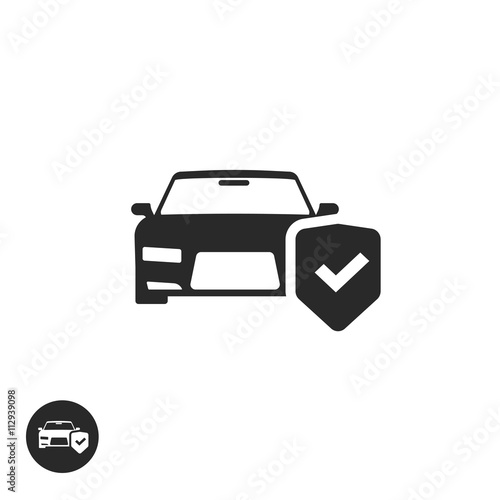 Car protection vector icon isolated, black and white auto protected with shield label, concept of car insurance symbol