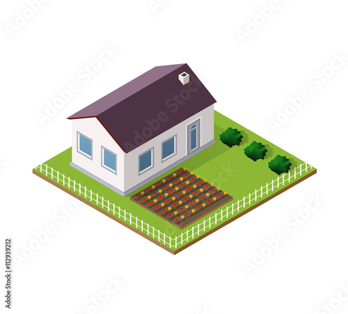Rural farm in isometric view with trees and garden