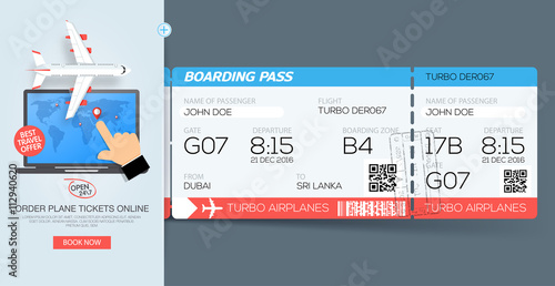 Airline boarding pass tickets. Booking tickets online. Web template