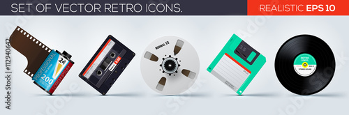 Set of retro icons. 35mm film, floppy disk, vinyl record, bobine, cassette. Vector illustration