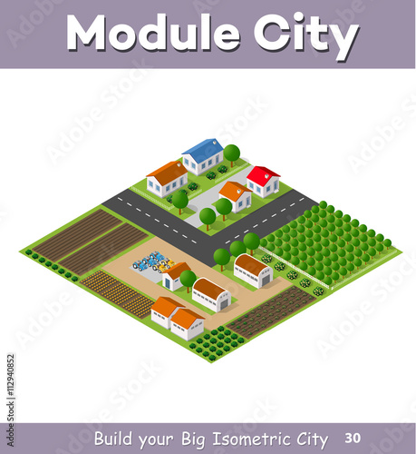 Country village of townhouses and rural houses with roads, streets, trees in an isometric view and a garden