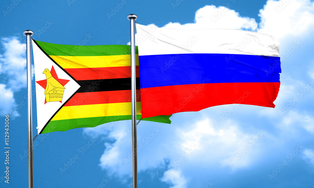 Zimbabwe flag with Russia flag, 3D rendering Zimbabwe flag with Russia flag, 3D rendering