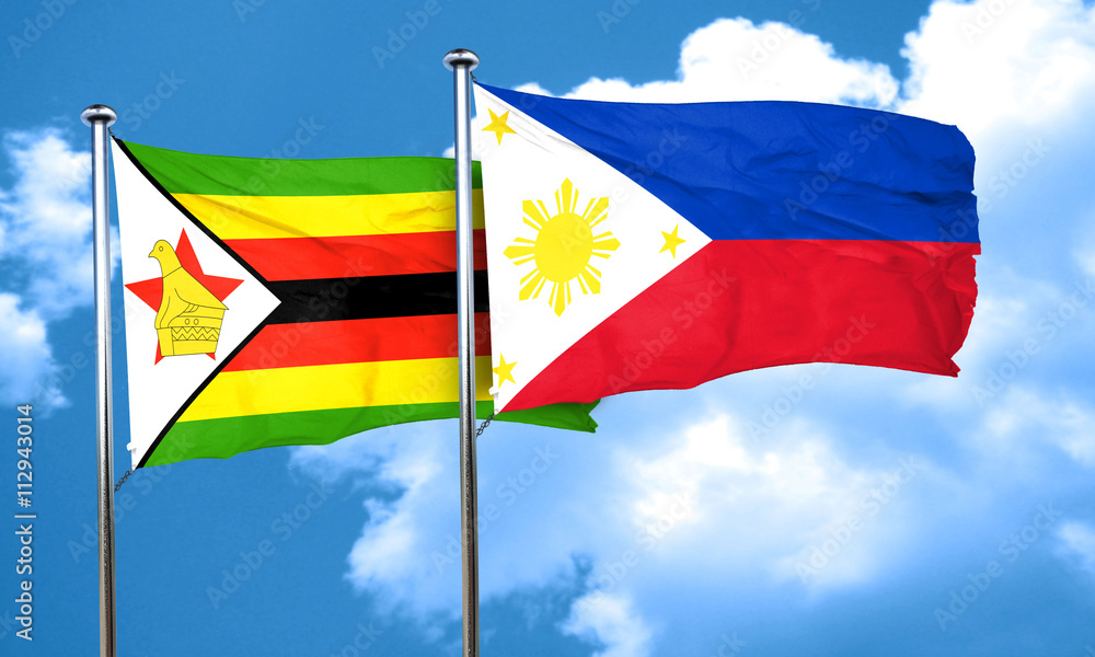 Zimbabwe flag with Philippines flag, 3D rendering Zimbabwe flag with Philippines flag, 3D rendering