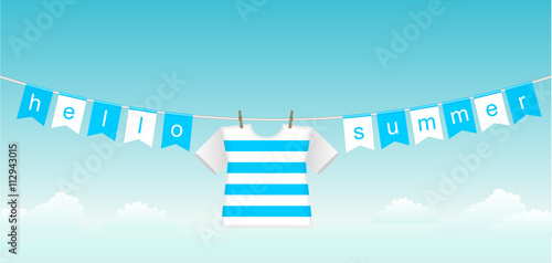 Flags with the inscription hello summer and vest on a background of blue clear sky and white clouds