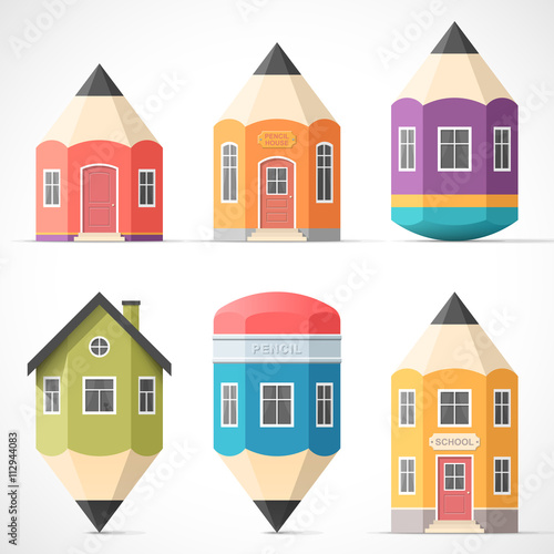 Set of colorful pencil houses