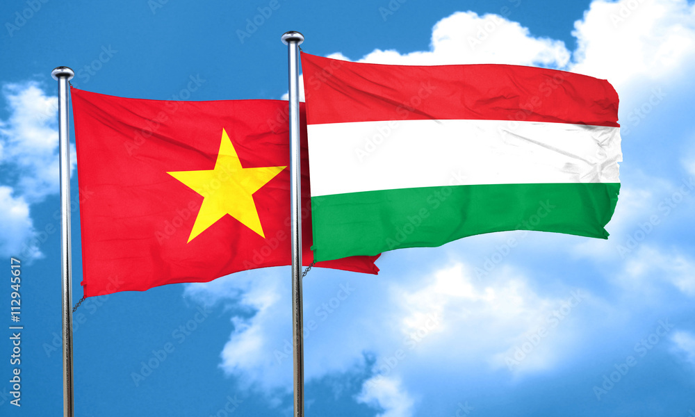Vietnam flag with Hungary flag, 3D rendering Vietnam flag with Hungary flag, 3D rendering