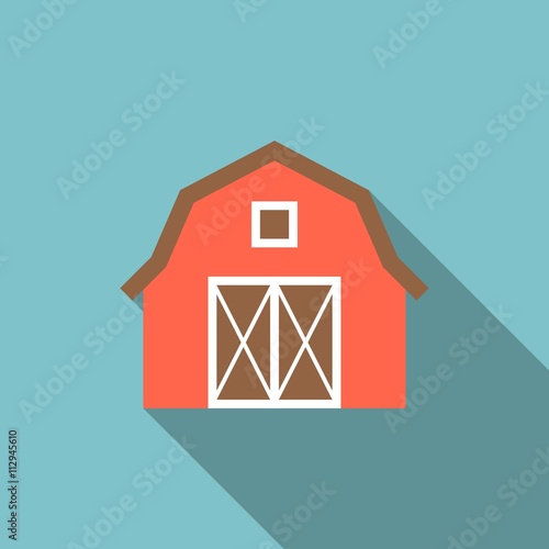 barn illustration, red barn icon with long shadow, simple farm icon flat design