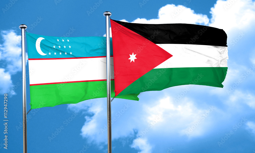 Uzbekistan flag with Jordan flag, 3D rendering Uzbekistan flag with Jordan flag, 3D rendering
